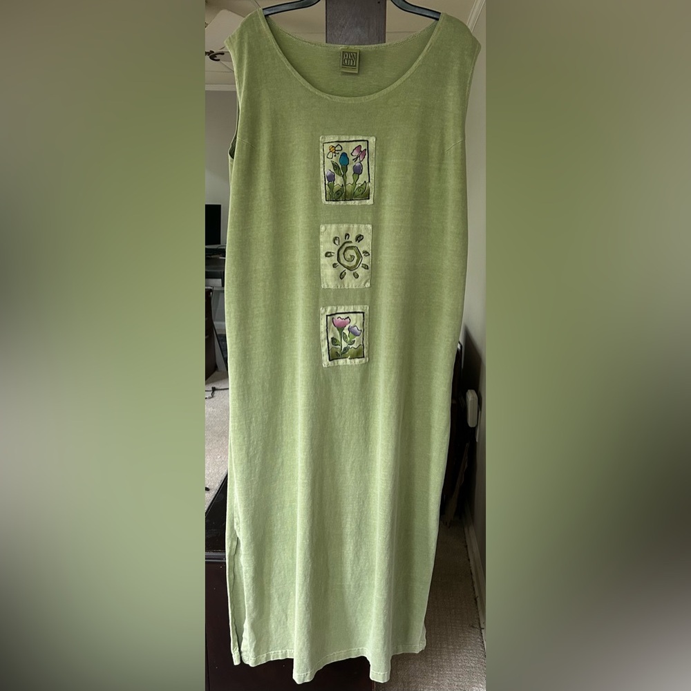 VINTAGE VIVA CITY USA Green Patchwork Cotton Oversized Lagenlook Midi Dress | L - Picture 12 of 15